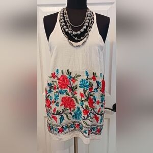 Lilypad White Tank Top W/ Red & Blue Floral Embroidery